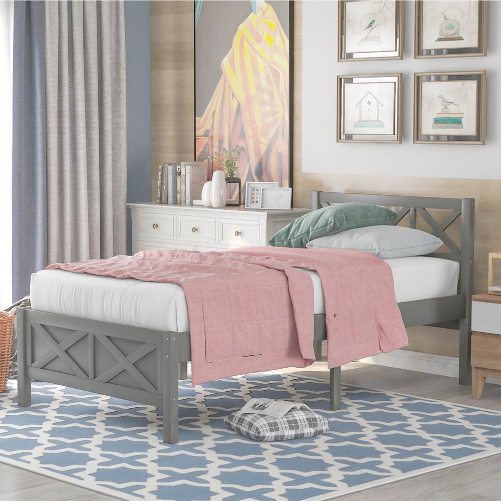 Twin Size Wooden Platform Bed Frame with High Legs Gray