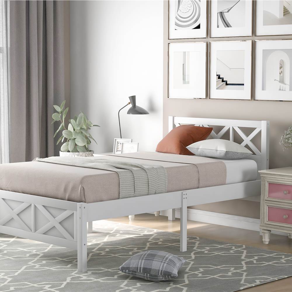 Twin Size Wooden Platform Bed Frame with High Legs White