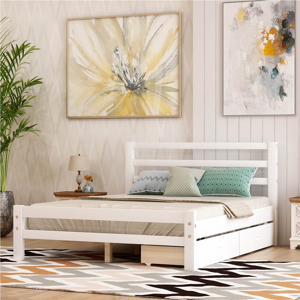 Full Size Wooden Platform Bed Frame, Full Size Bed Frame With Drawers White