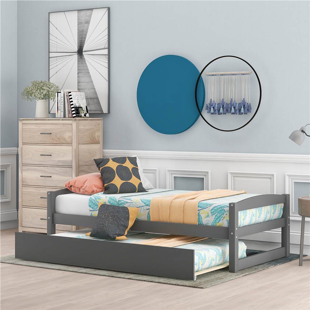 Twin-Size Wooden Platform Bed Frame with Trundle Bed, Suitable for Small Space Apartment, Room - Gray