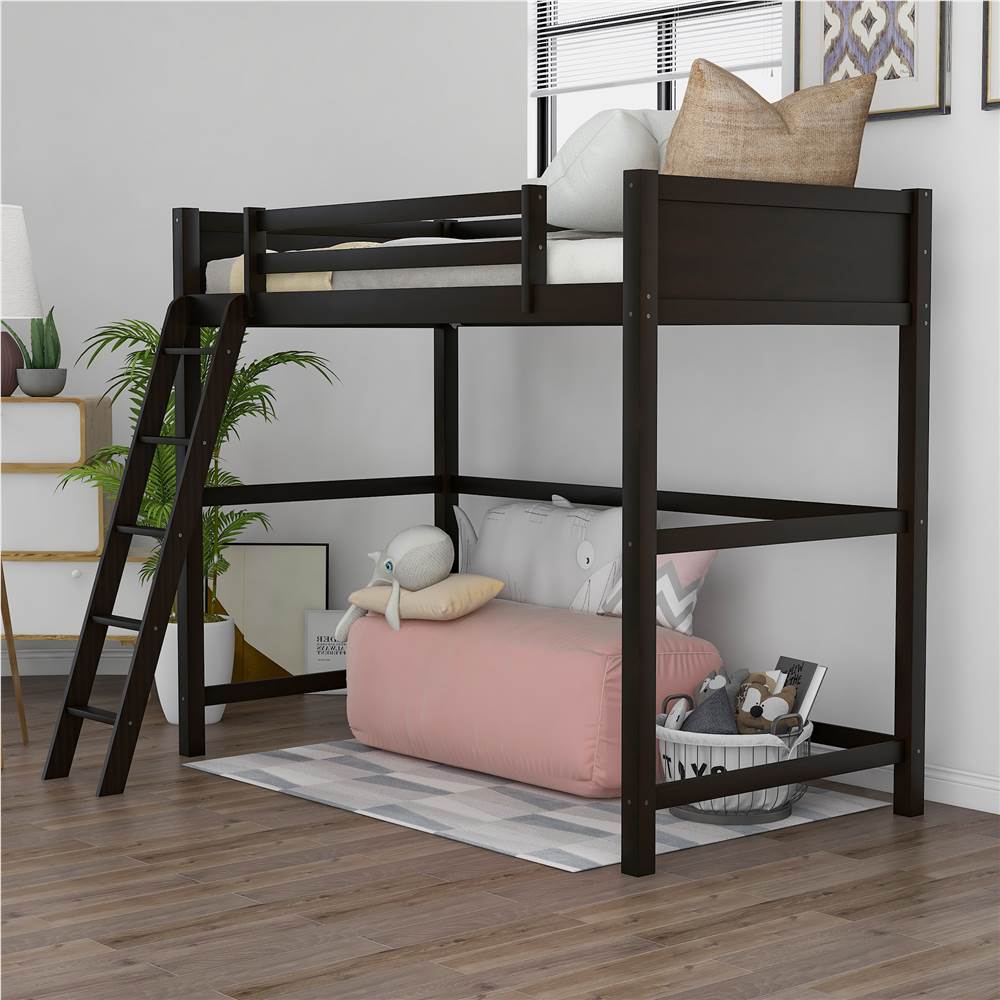 Twin-Size Wooden Loft Bed Frame with Ladder and Wooden Slats Support, Space-saving Design - Espresso
