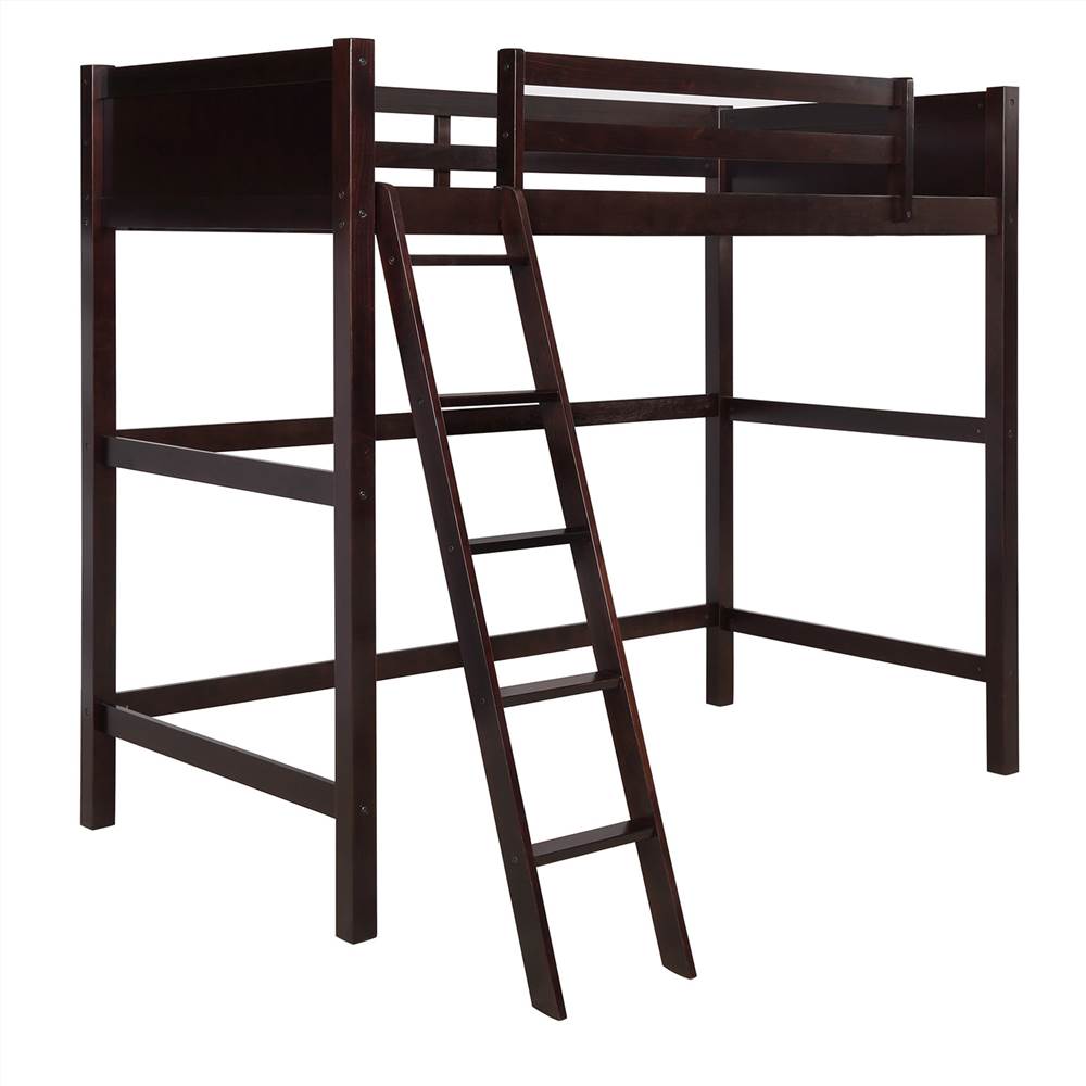 TwinSize Wooden Loft Bed Frame with Ladder Espresso