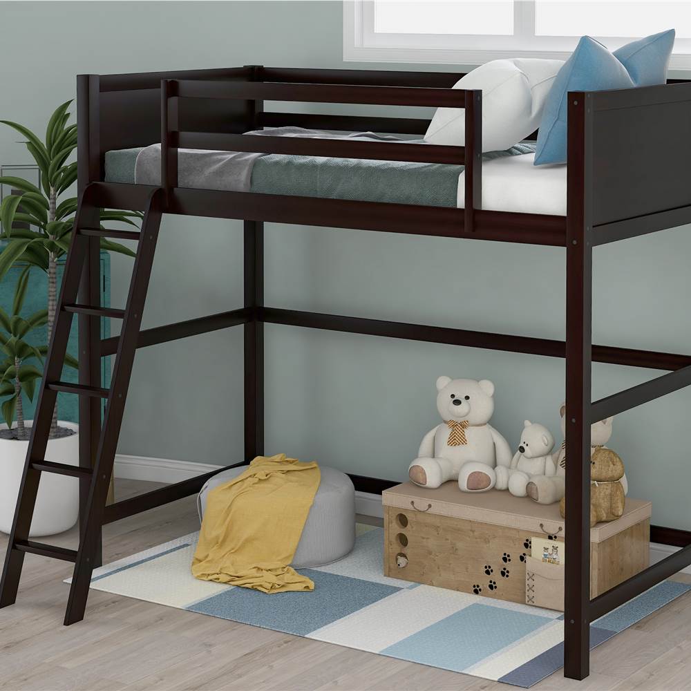 Twin-Size Wooden Loft Bed Frame with Ladder Espresso