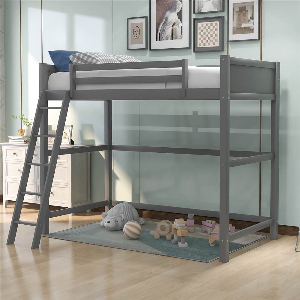 Twin-Size Wooden Loft Bed Frame with Ladder and Wooden Slats Support, Space-saving Design - Gray