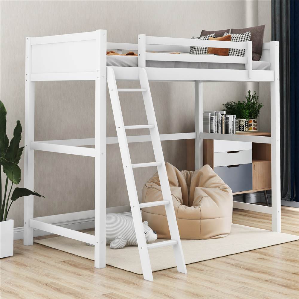 Twin-Size Wooden Loft Bed Frame with Ladder and Wooden Slats Support, Space-saving Design - White