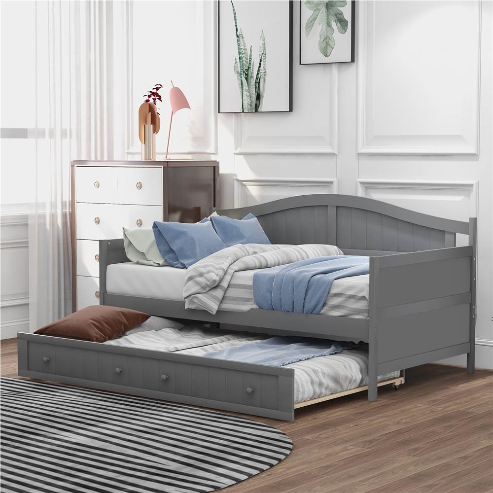 Twin-Size Wooden Platform Daybed Frame with Trundle Bed and Wooden Slats Support - Gray