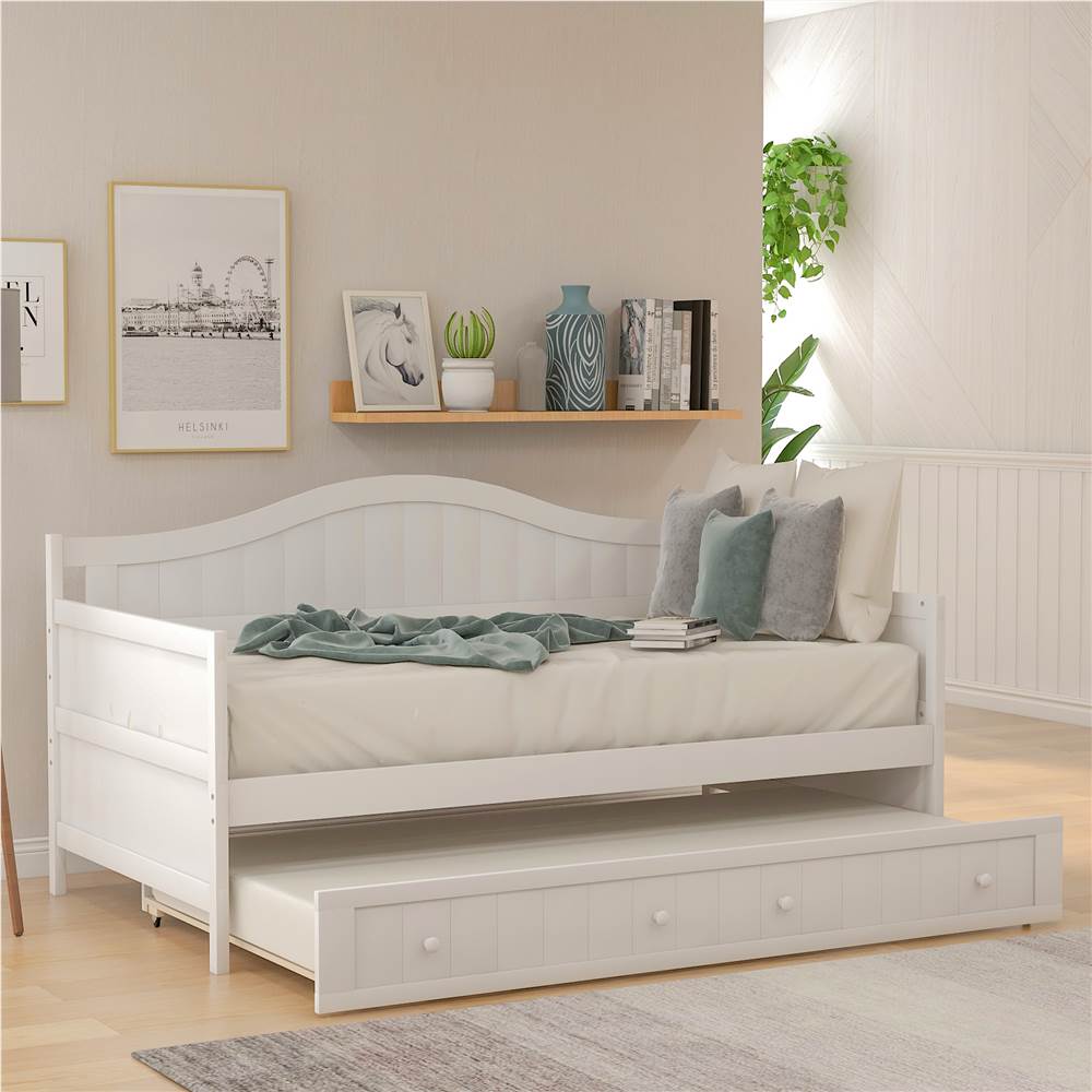 Twin-Size Wooden Platform Daybed Frame with Trundle Bed and Wooden Slats Support - White