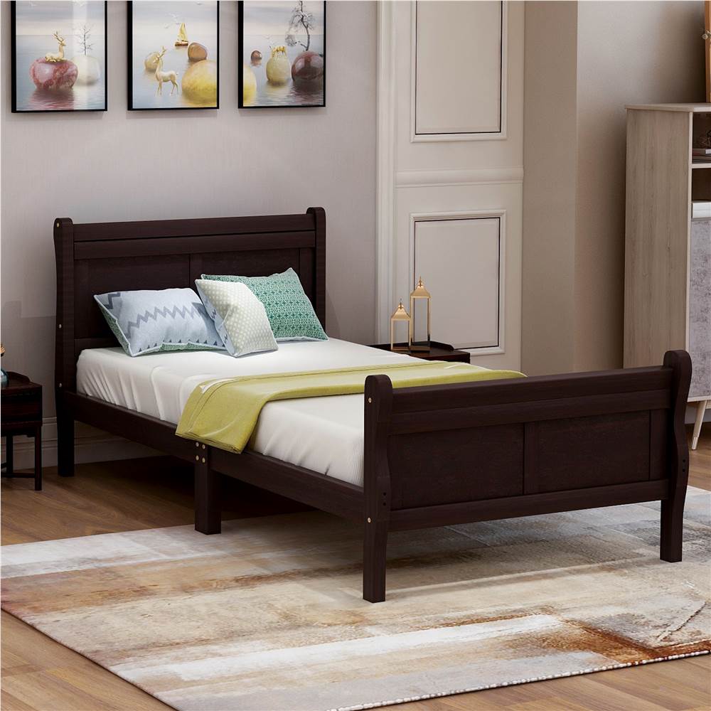 Twin-Size Wooden Platform Bed Frame with Headboard, Footboard, and Wooden Slats Support - Oak