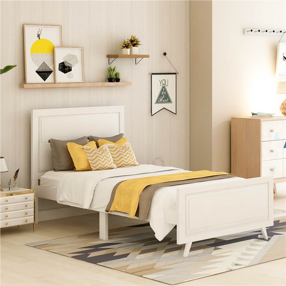 Twin-Size Wooden Platform Bed Frame with Headboard and Wooden Slats Support - White