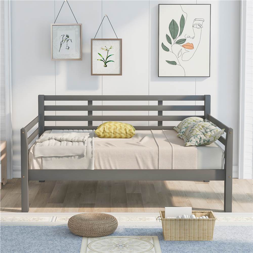 Full-Size Wooden Daybed Frame with Guardrail and Wooden Slat Support - Gray