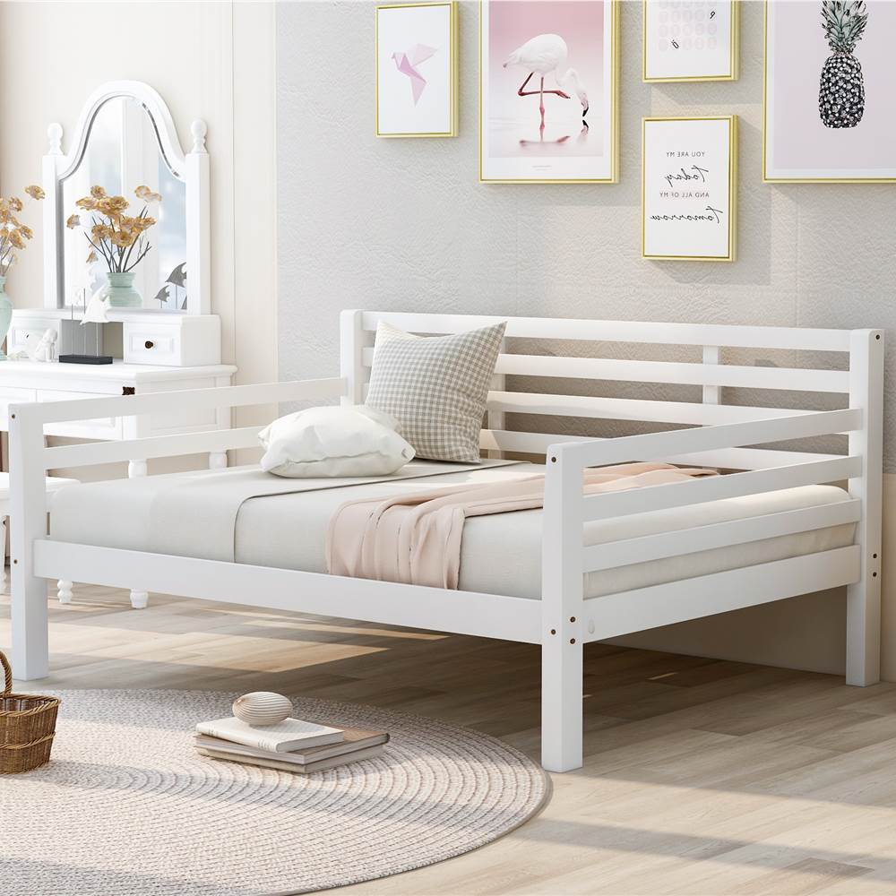 Full-Size Wooden Daybed Frame with Guardrail White