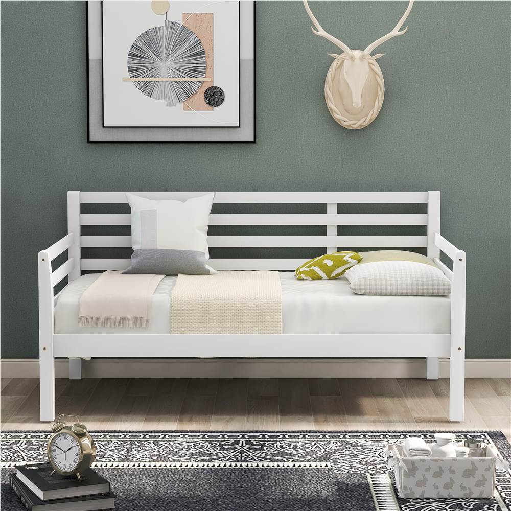 

Twin-Size Wooden Daybed Frame with Guardrail and Wooden Slat Support - White