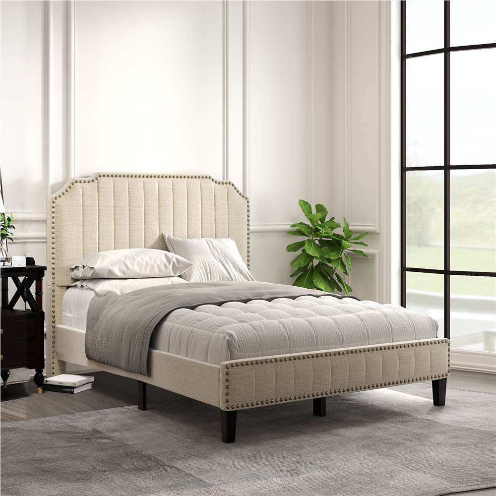 Full Size Solid Wooden Upholstered Bed Frame with Linen Headboard and Nailhead Trim - Cream