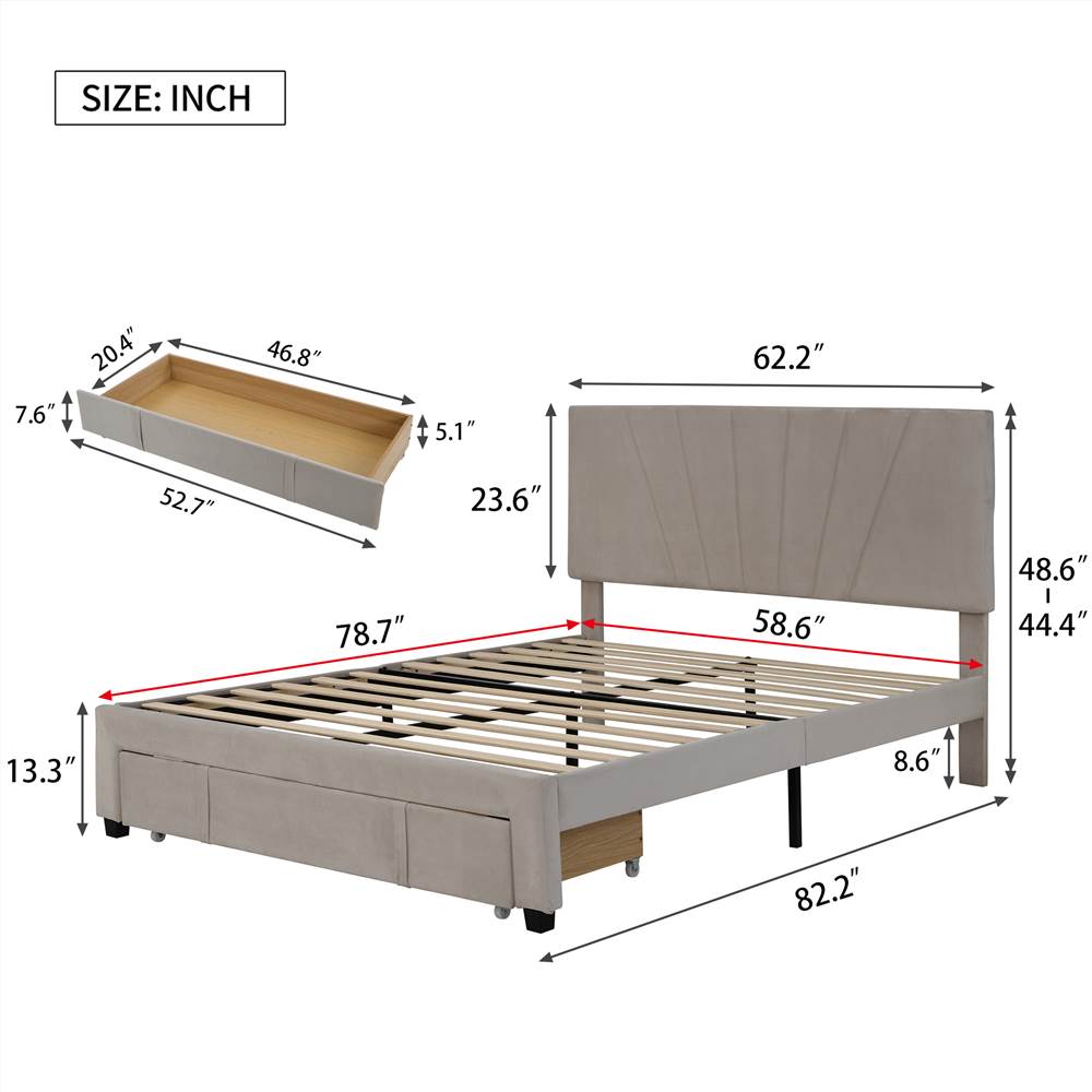 Queen-Size Velvet Bed Frame with Storage Drawer Beige | United States