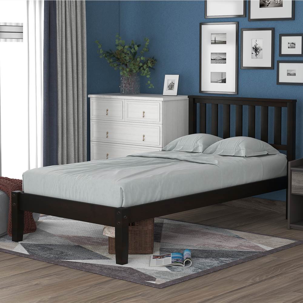Twin Size Wooden Platform Bed Frame, Priage Antique Espresso Solid Wood Platform Bed With Headboard