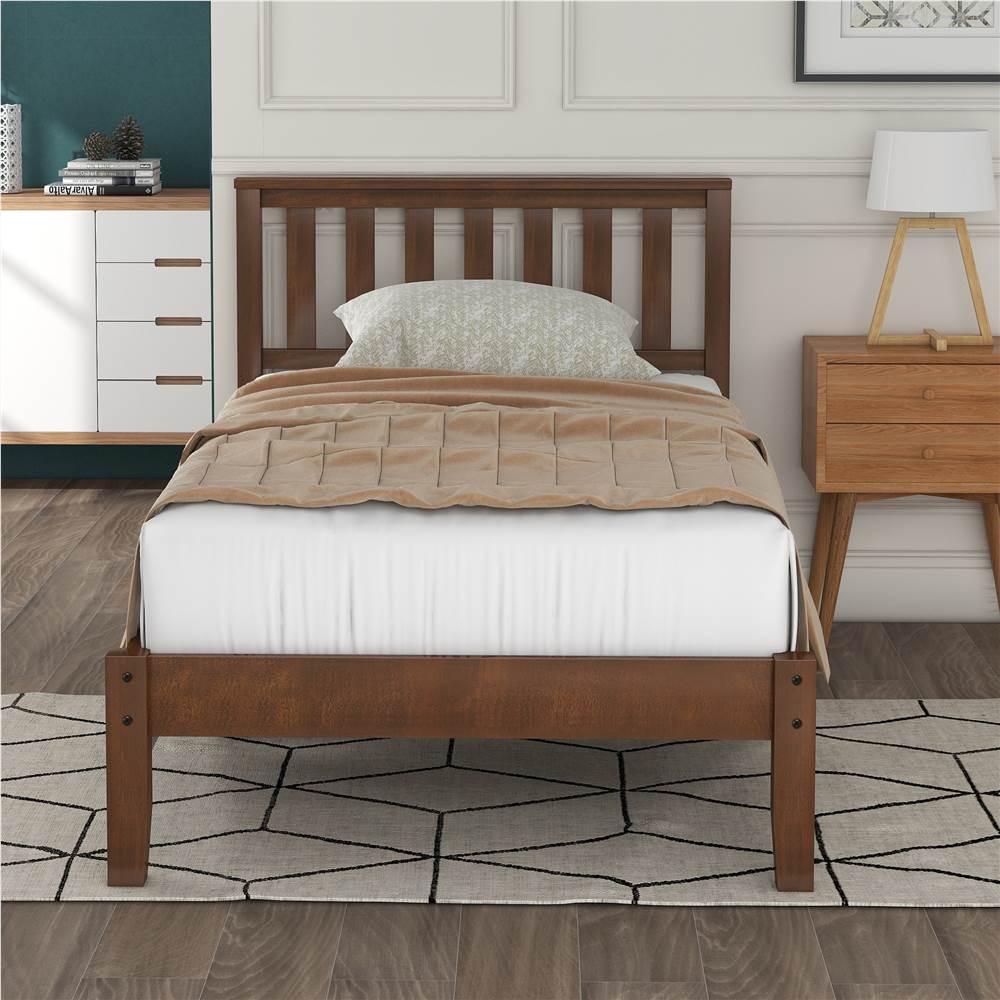 Twin-Size Wooden Platform Bed Frame with Headboard and Wooden Slat Support - Walnut