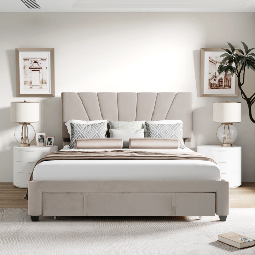 

Queen-Size Velvet Upholstered Platform Bed Frame with Storage Drawer and Wooden Slat Support - Beige