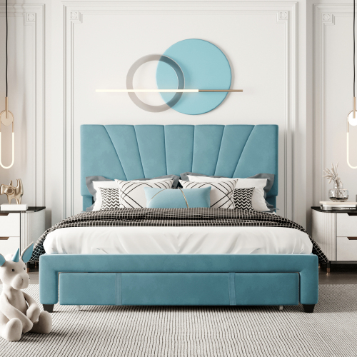 Queen-Size Velvet Upholstered Platform Bed Frame with Storage Drawer and Wooden Slat Support - Blue