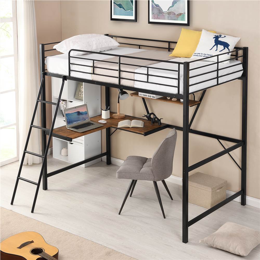 Twin-Size Metal Loft Bed Frame with L-shaped Desk Black