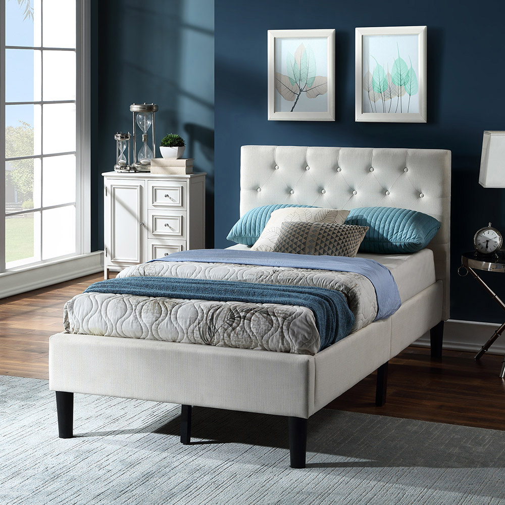 

Twin-Size Linen Upholstered Platform Bed Frame with Headboard and Wooden Slat Support, No Need for Box Spring - Beige