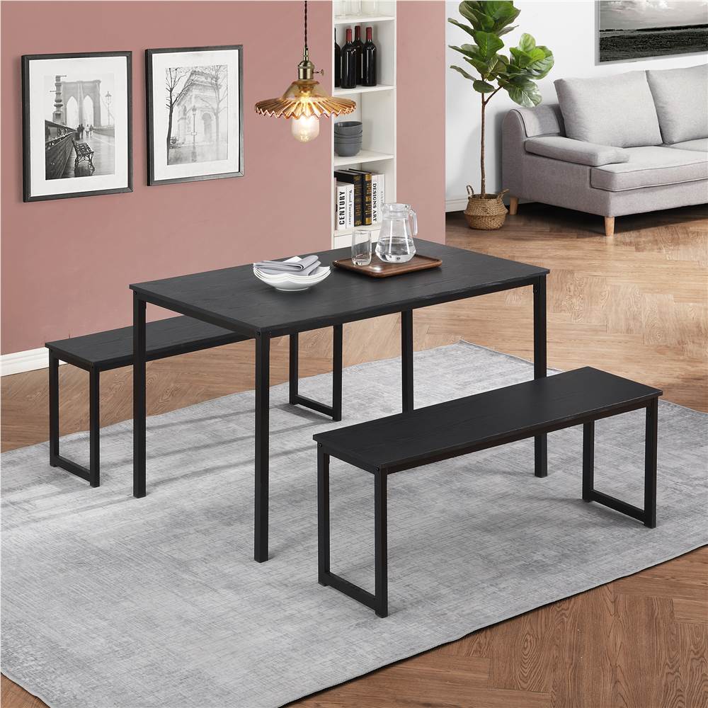 3 Piece Dining Set, Including 1 Table and 3 Benches, for Kitchen, Restaurant, Bar, Living Room, Cafe - Black
