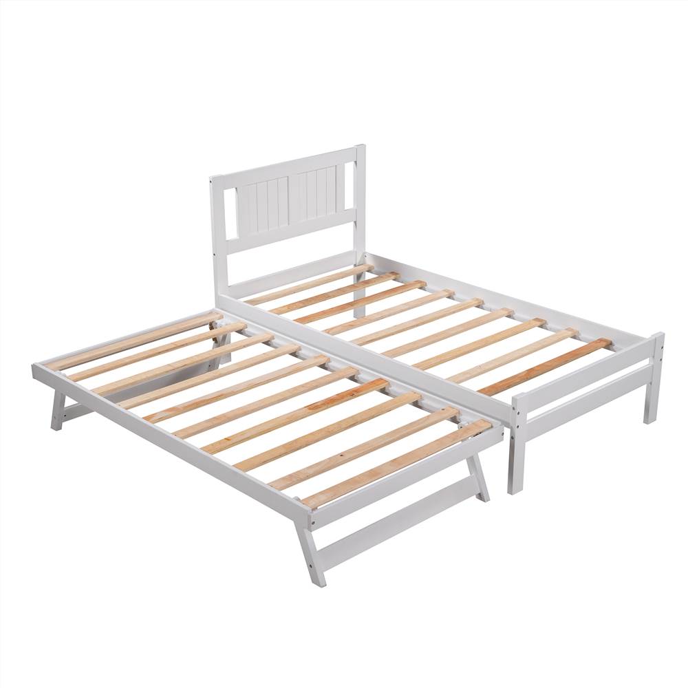 Twin-Size Wooden Platform Bed Frame with Trundle Bed White