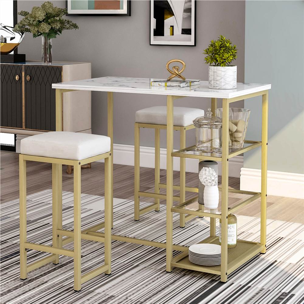 TREXM 3 Piece Retro Dining Set, Including 1 Natural Wood Countertop Table and 2 Stools, for Kitchen, Restaurant, Bar, Apartment, Cafe - White + Gold