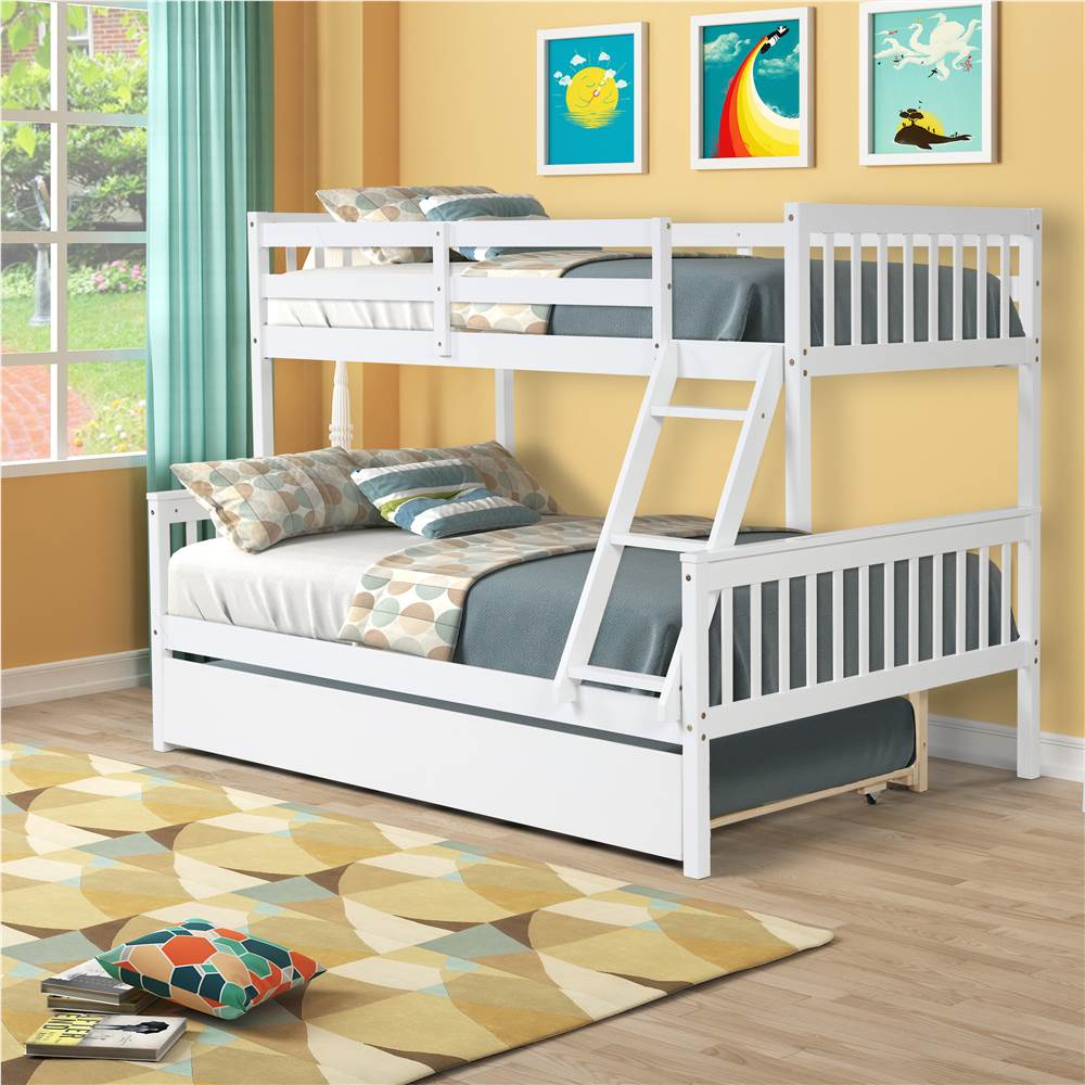 

Twin-Over-Full Size Wooden Bunk Bed Frame with Trundle Bed, and Wooden Slat Support, Suitable for Families with Multiple Children - White