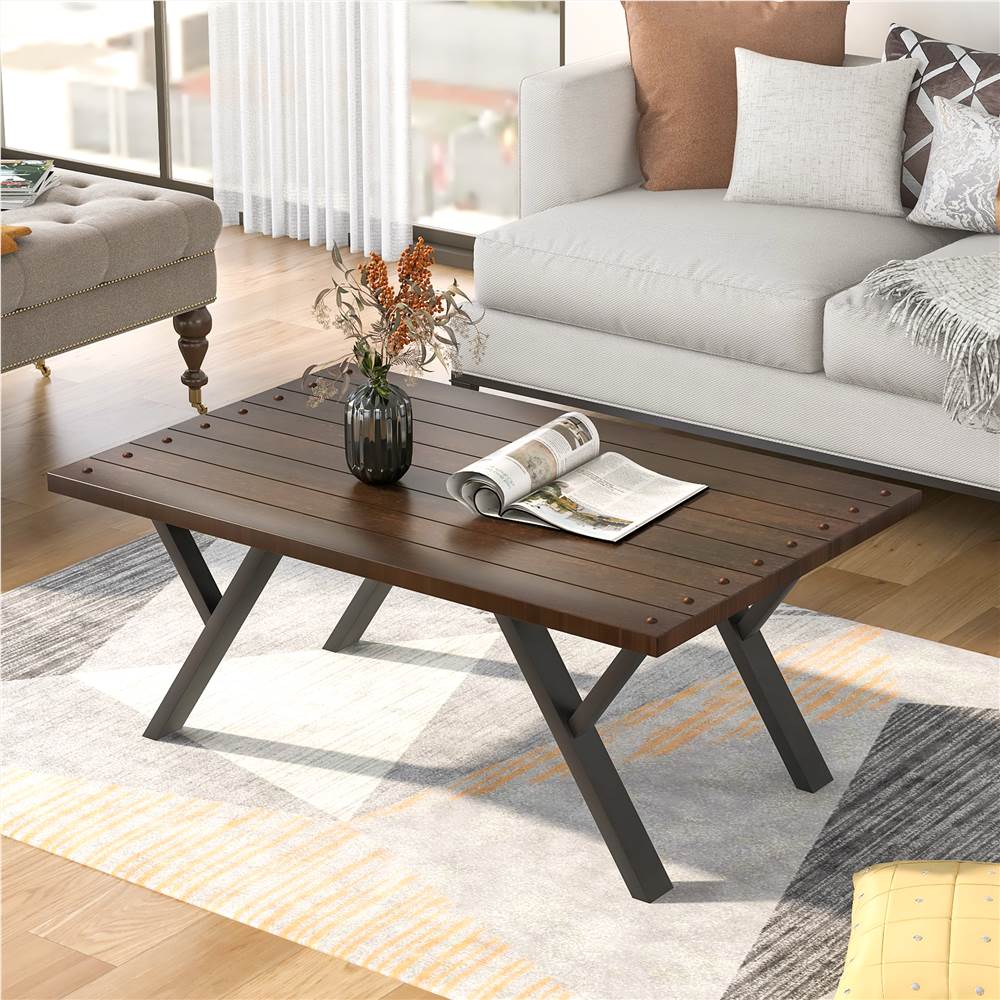 

U-STYLE 43'' Rustic Coffee Table with Wooden Tabletop and Metal Legs, for Kitchen, Restaurant, Office, Living Room, Cafe - Brown
