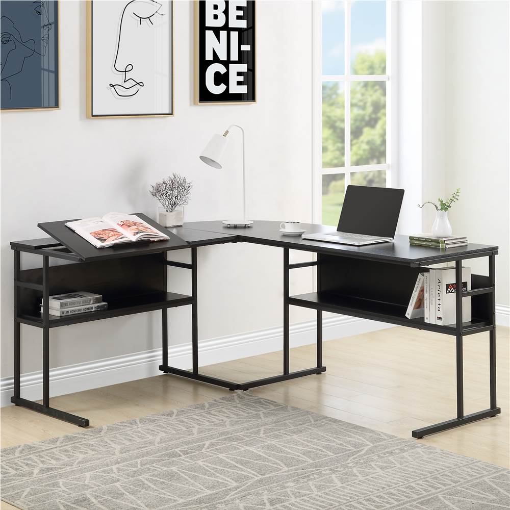 

Home Office 67" L-Shaped Computer Desk with Tiltable Tabletop and Bottom Bookshelf - Black