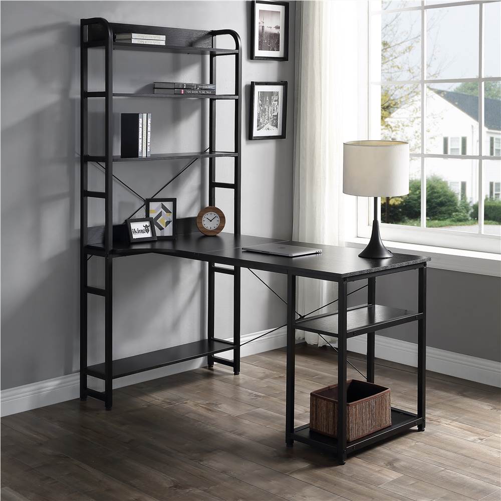 Home Office Steel Frame and MDF Board Computer Desk, with 5-layer Storage Shelf - Black