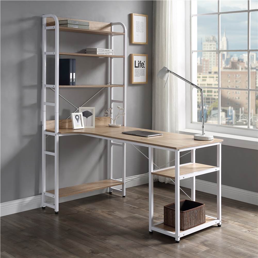 Home Office Steel Frame and MDF Board Computer Desk, with 5-layer Storage Shelf - Nature