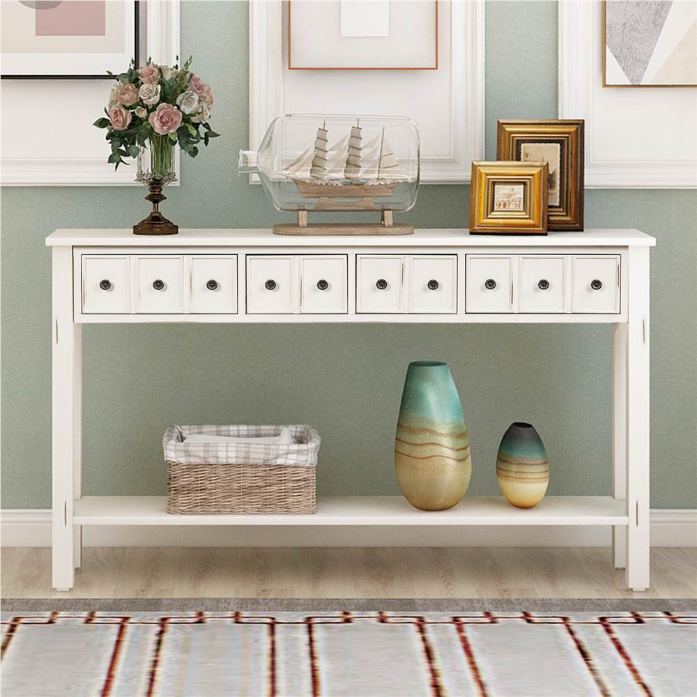 

TREXM 60" Rustic Console Table with 4 Storage Drawers, and Bottom Shelf, for Entrance Hallway, Dining Room, Kitchen - White