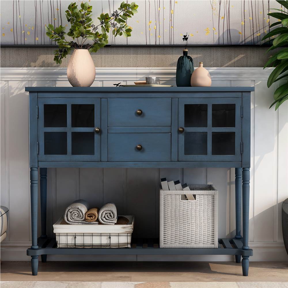TREXM 42'' Console Table with 2 Storage Drawers, 2 Cabinets, and Bottom Shelf, for Entrance, Hallway, Dining Room, Kitchen - Navy