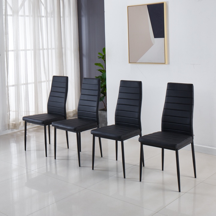 Modern Style Leather Dining Chair Set of 4, with Iron Tube Legs and High Backrest, for Kitchen, Living Room, Cafe, Reception Room - Black