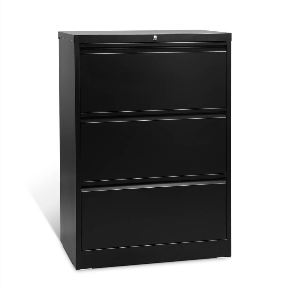 Lateral Metal Lockable File with 3 Storage Drawers Black