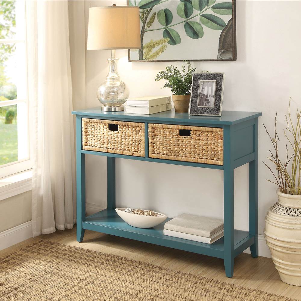 

ACME Flavius 44" Wooden Console Table with 2 Storage Drawers, and Bottom Shelf, for Entrance, Hallway, Dining Room, Kitchen - Teal