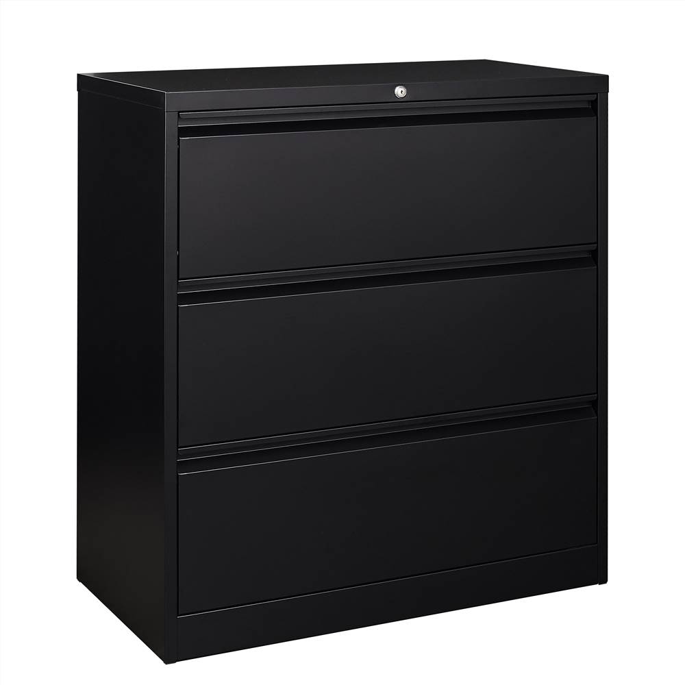

Home Office Lateral Metal Lockable File Cabinet with 3 Storage Drawers, for A4, Letter Sized and Legal Sized Hanging Documents - Black