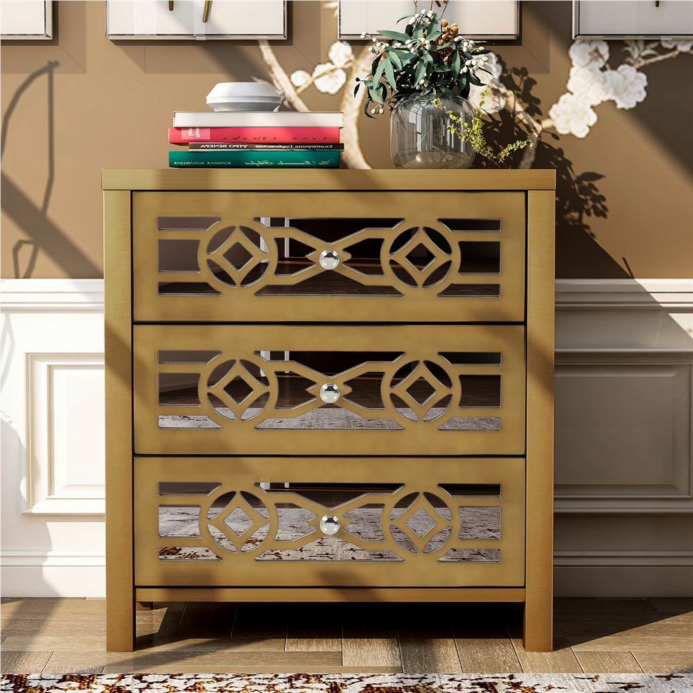 

TREXM 26" Wooden Storage Cabinet with 3 Drawers and Decorative Mirror, for Entrance, Hallway, Dining Room, Kitchen - Gold