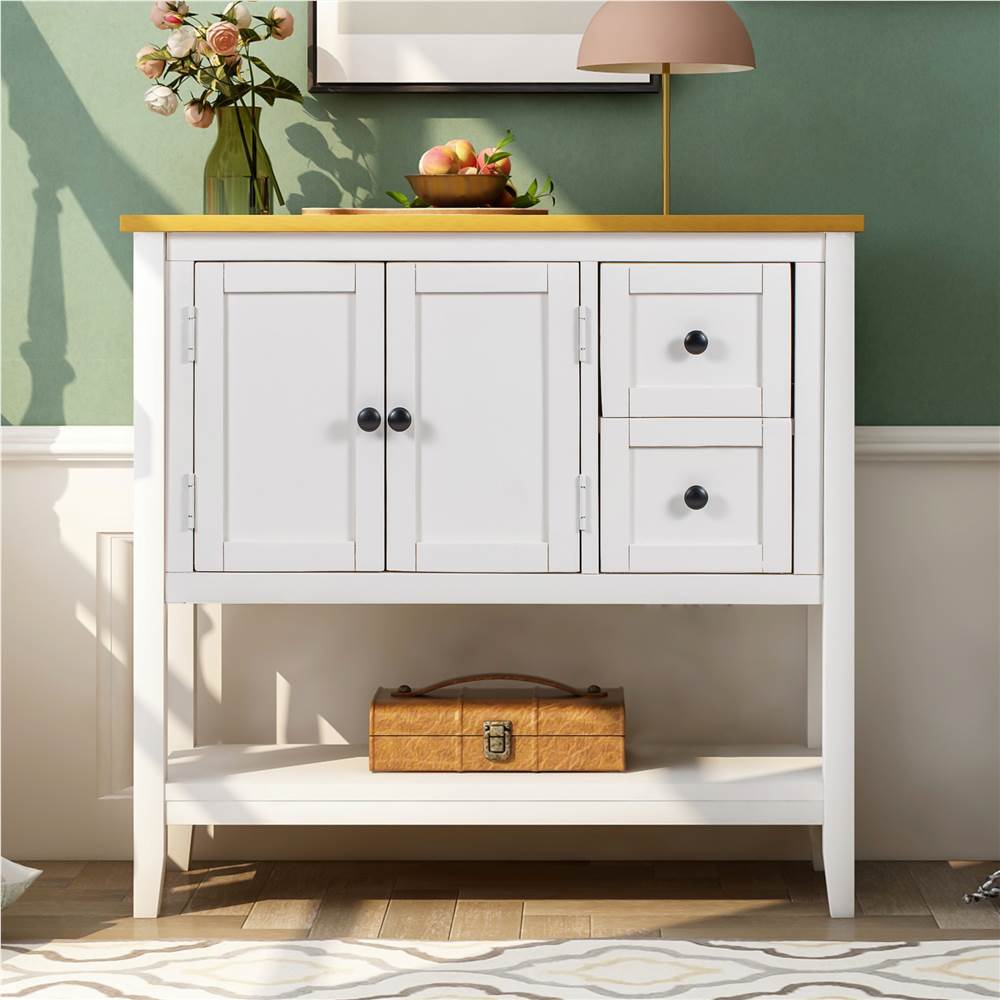 

U-STYLE 36" Modern Console Table with 2 Storage Drawers, 1 Cabinet and Bottom Shelf, for Entrance, Hallway, Dining Room, Kitchen - White + Brown