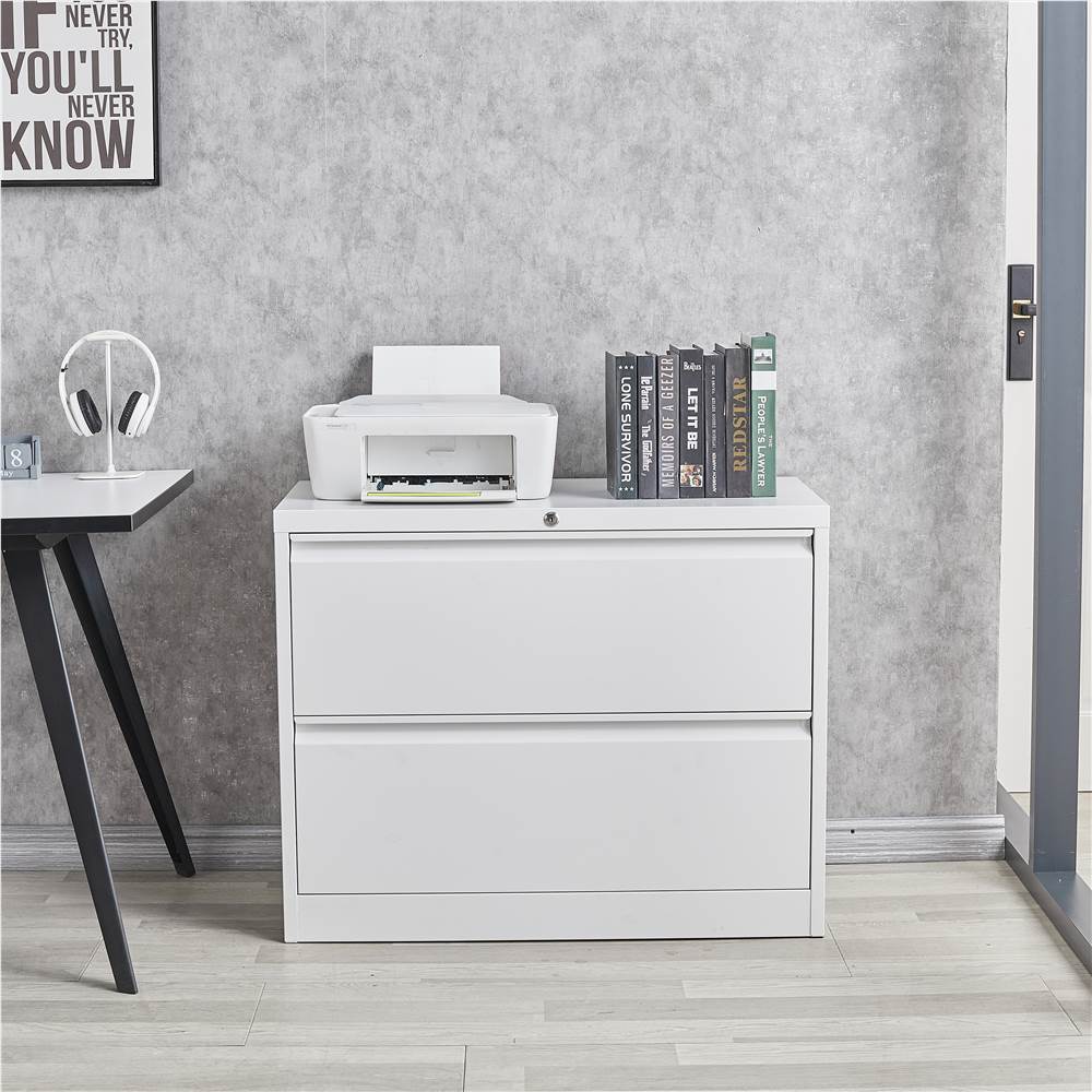 

Home Office Lateral Metal Lockable File Cabinet with 2 Storage Drawers, for A4, Letter-Sized and Legal-Sized Hanging Documents - White