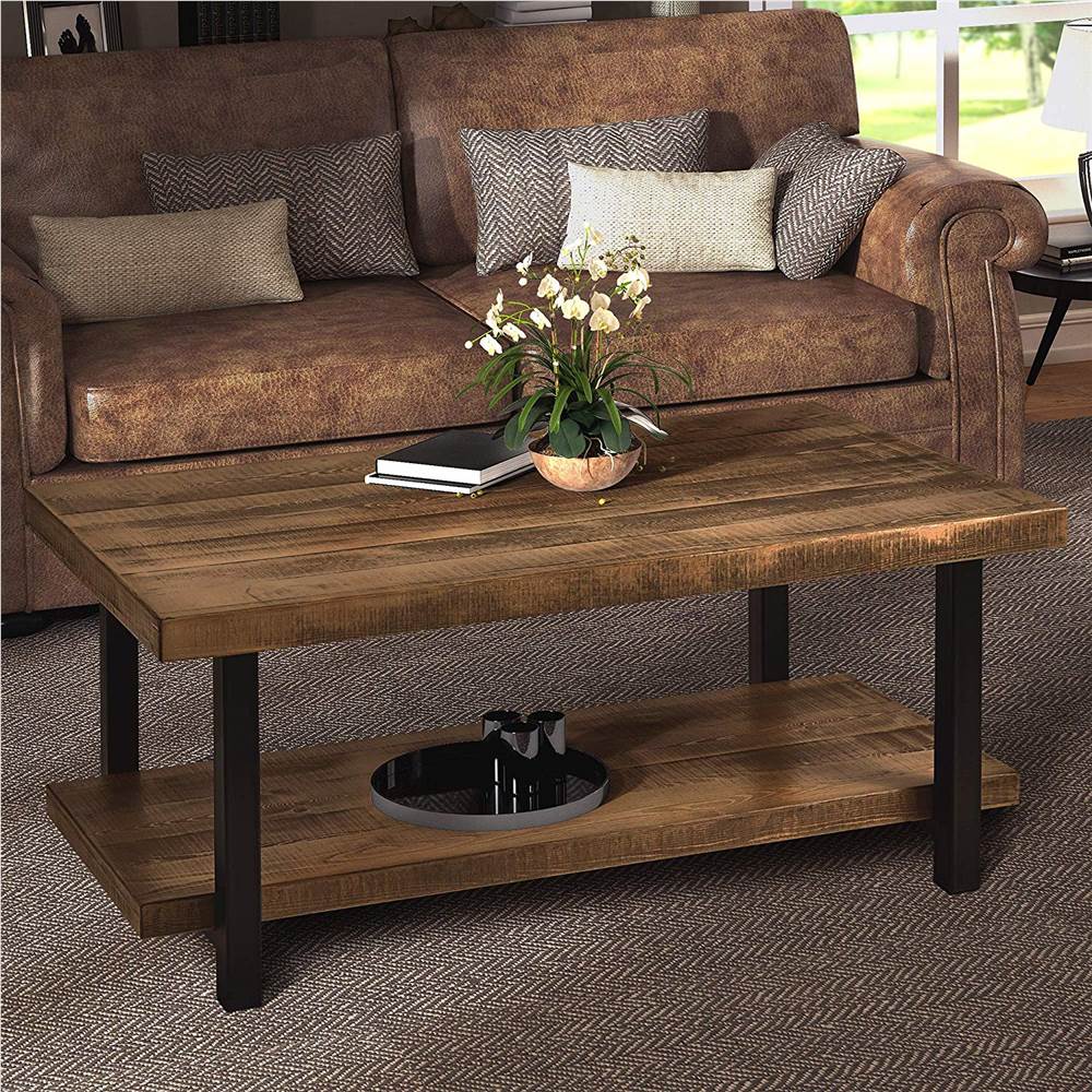 

U-STYLE 2-Layer Industrial Style Coffee Table with Solid Wood Tabletop, and Metal Frame, for Kitchen, Restaurant, Office, Living Room, Cafe - Brown