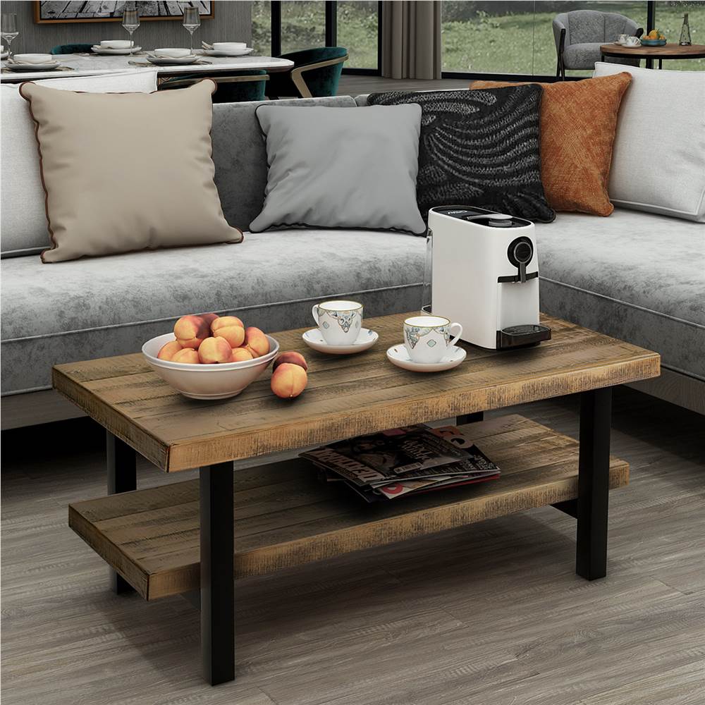 USTYLE 2Layer Industrial Style Coffee Table with Metal Frame Brown