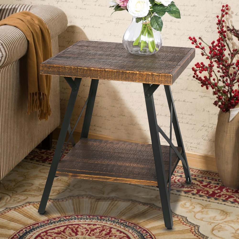 U-STYLE 21.7&#39;&#39; Industrial Style End Table with Solid Wood Tabletop and Metal Base, for Kitchen, Restaurant, Office, Living Room, Cafe - Brown