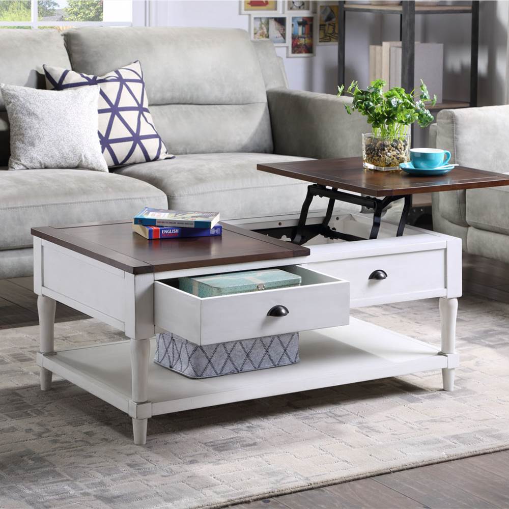 

U-STYLE 38.2" Wooden Lift Coffee Table with Storage Drawer, and Bottom Shelf, for Kitchen, Restaurant, Office, Living Room, Cafe - White + Brown