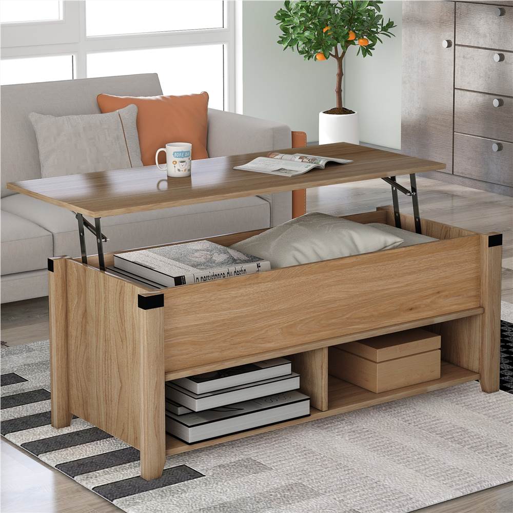 U-STYLE Wooden Lift Coffee Table with Storage Drawer, and Open Shelf, for Kitchen, Restaurant, Office, Living Room, Cafe - Oak