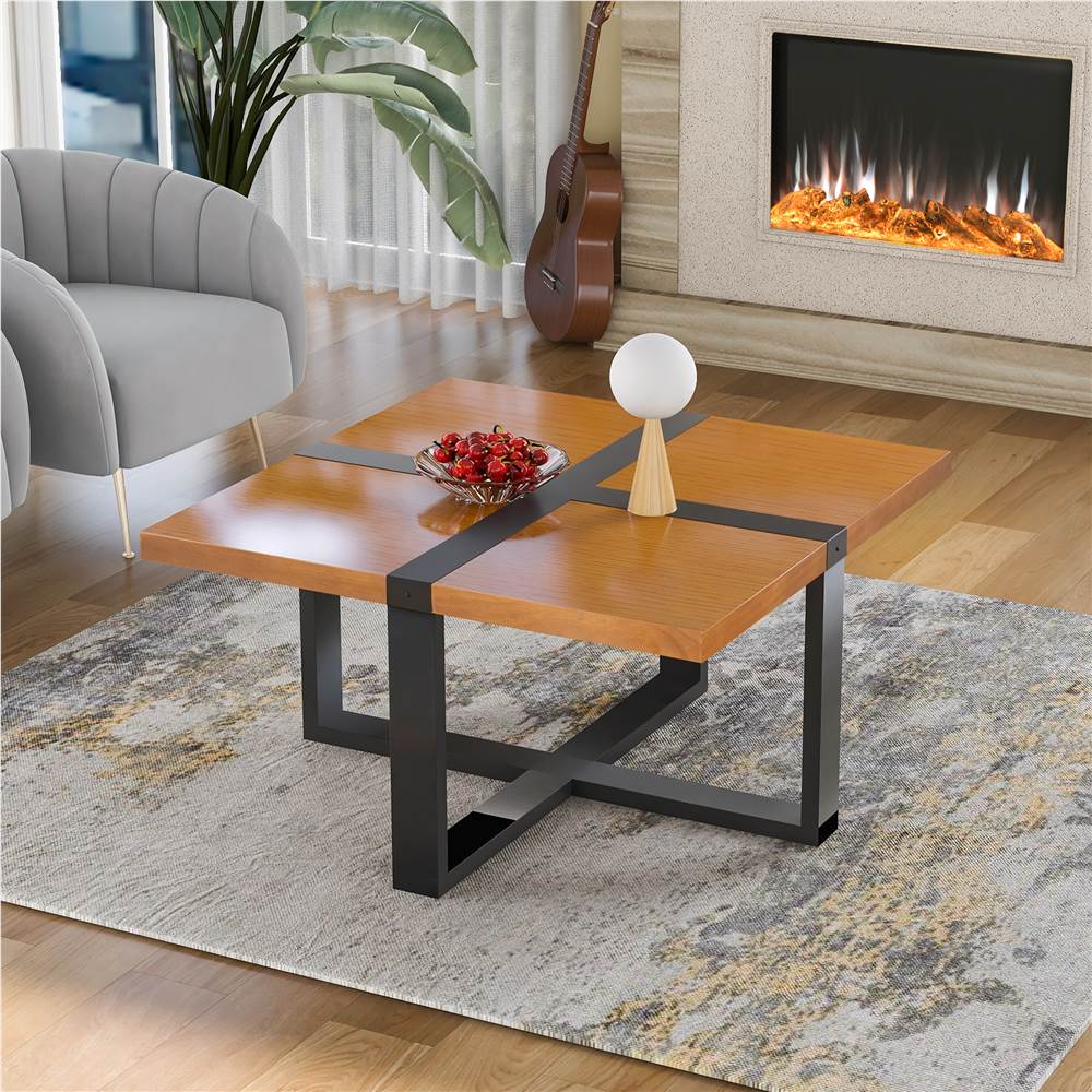 

U-STYLE 37.4" Coffee Table with Cross-shaped Desktop and Wooden Legs, for Kitchen, Restaurant, Office, Living Room, Cafe - Light Brown