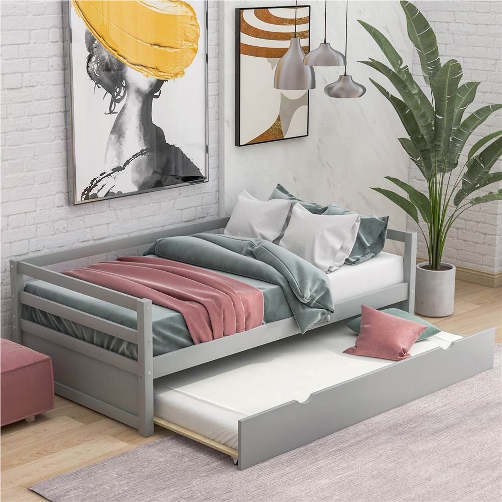 Twin Size Wooden Daybed with Trundle Bed and Wooden Slats Support, No Need for Spring Box, for Living Room, Bedroom, Office, Apartment - Gray