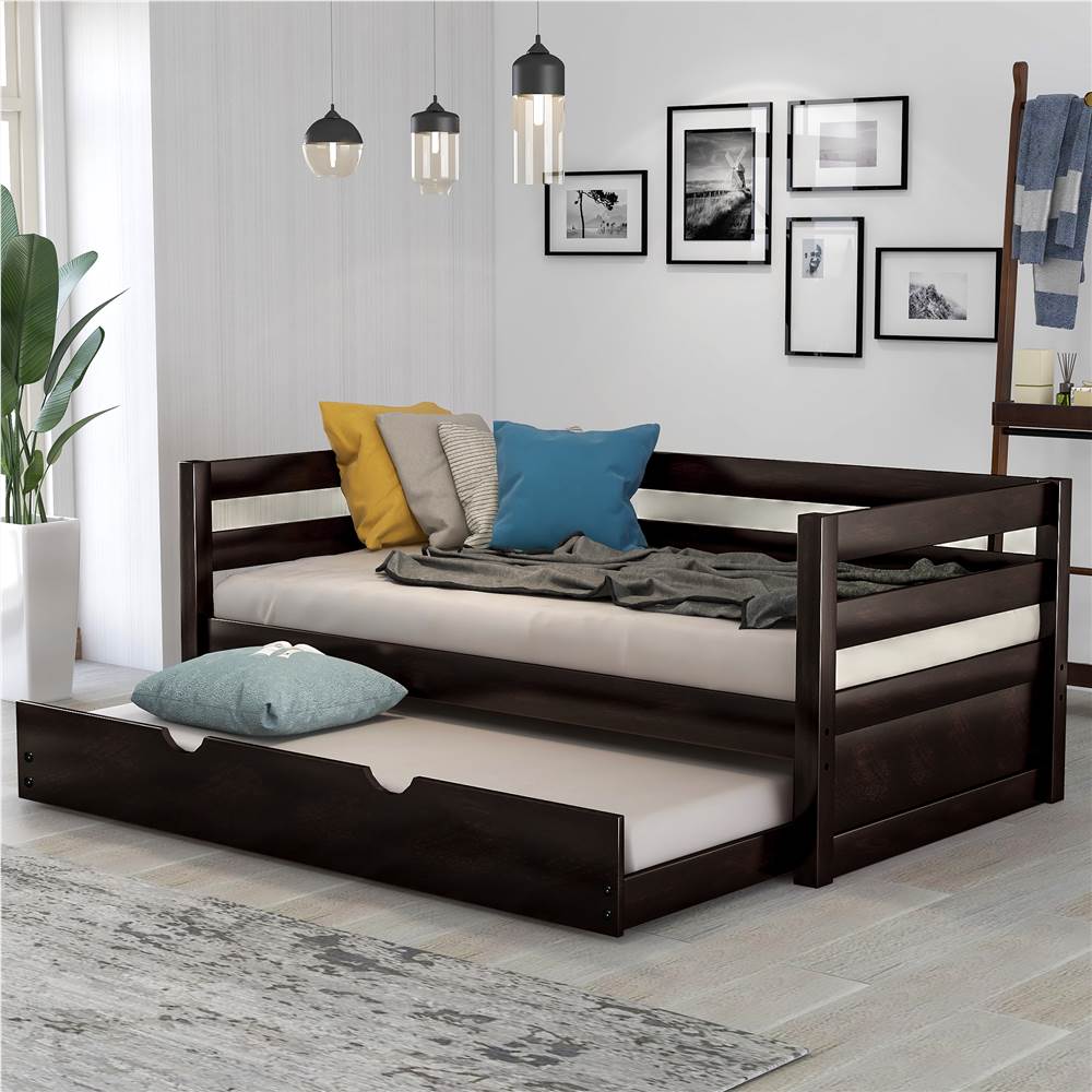 

Twin Size Wooden Daybed with Trundle Bed and Wooden Slats Support, No Need for Spring Box, for Living Room, Bedroom, Office, Apartment - Espresso