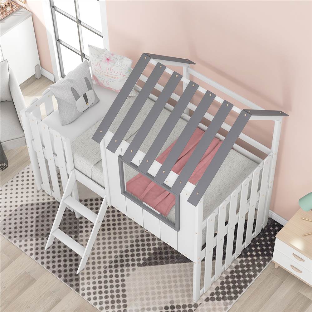 Twin Size Wooden Loft Bed Frame with FenceShaped Guardrail White